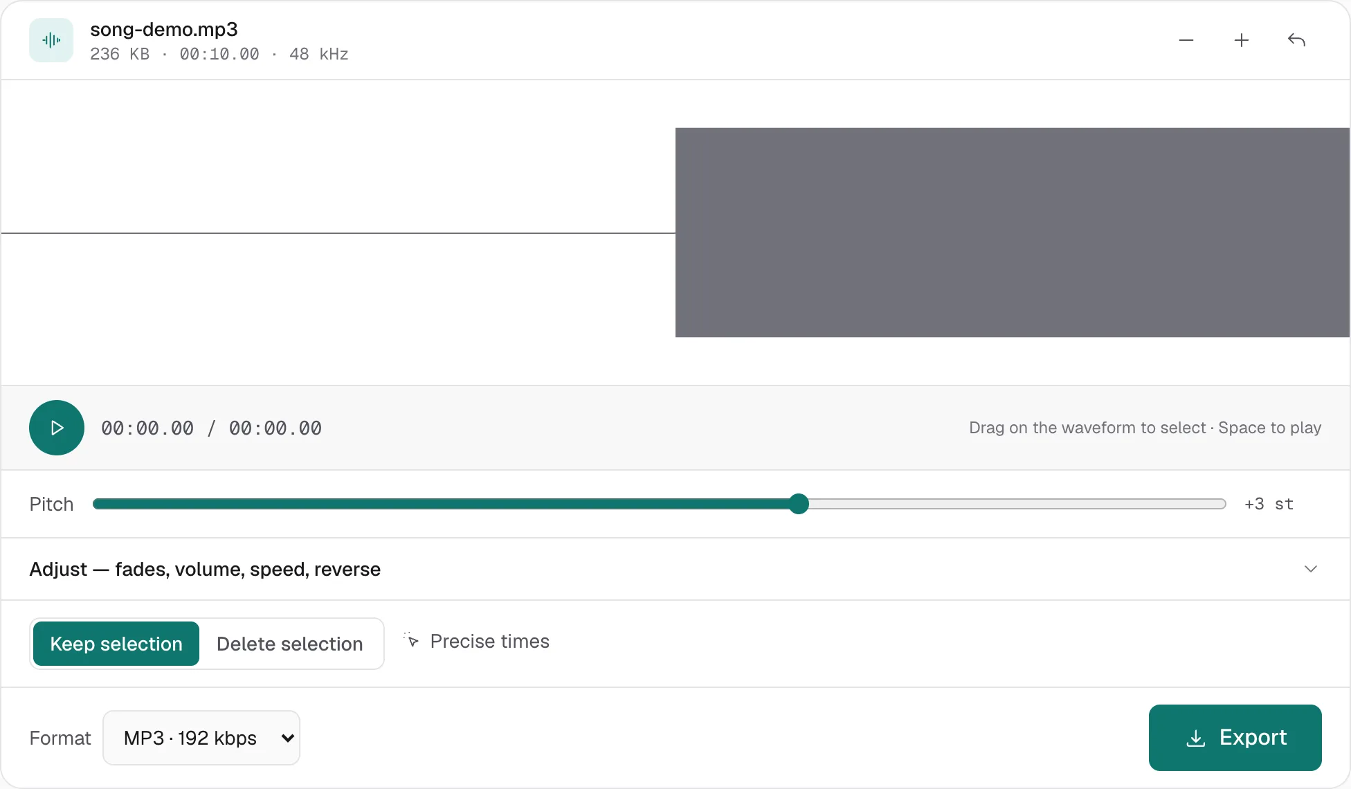 song-demo.mp3 on the pitch changer. The Pitch slider reads +3 st, three semitones up, and the file length is unchanged.