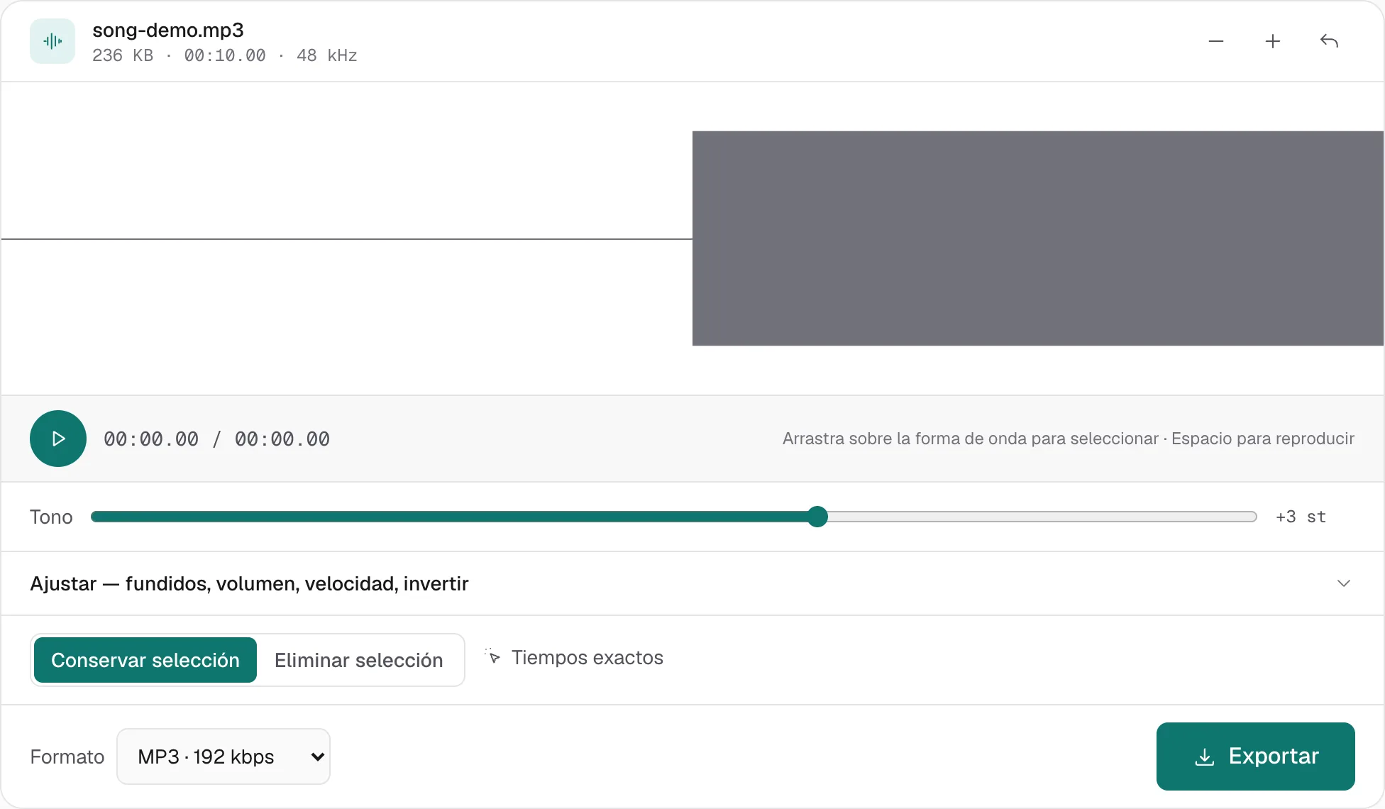 song-demo.mp3 en el cambiador de tono. El control Tono marca +3 st, tres semitonos arriba, y la duración del archivo no cambia.