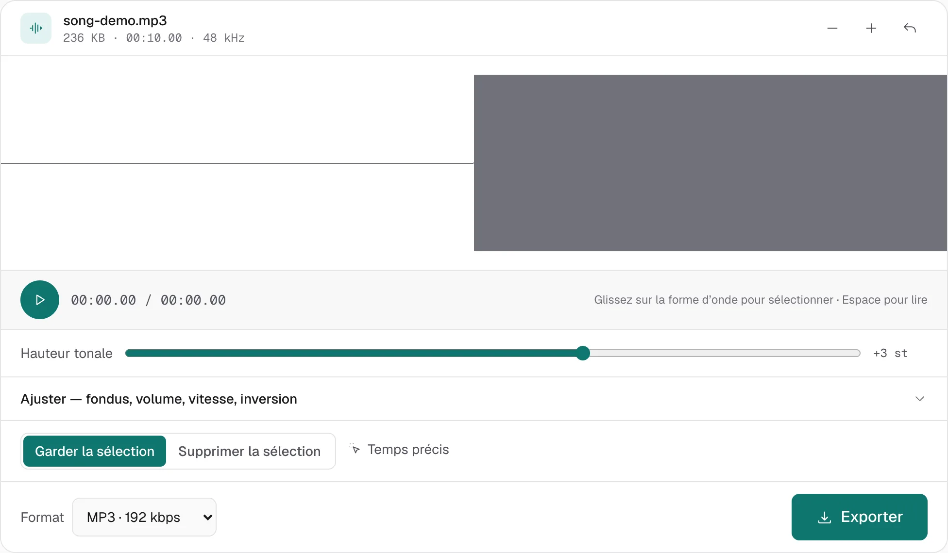 song-demo.mp3 sur le changeur de hauteur tonale. Le curseur Hauteur tonale indique +3 st, trois demi-tons plus haut, et la durée du fichier ne change pas.
