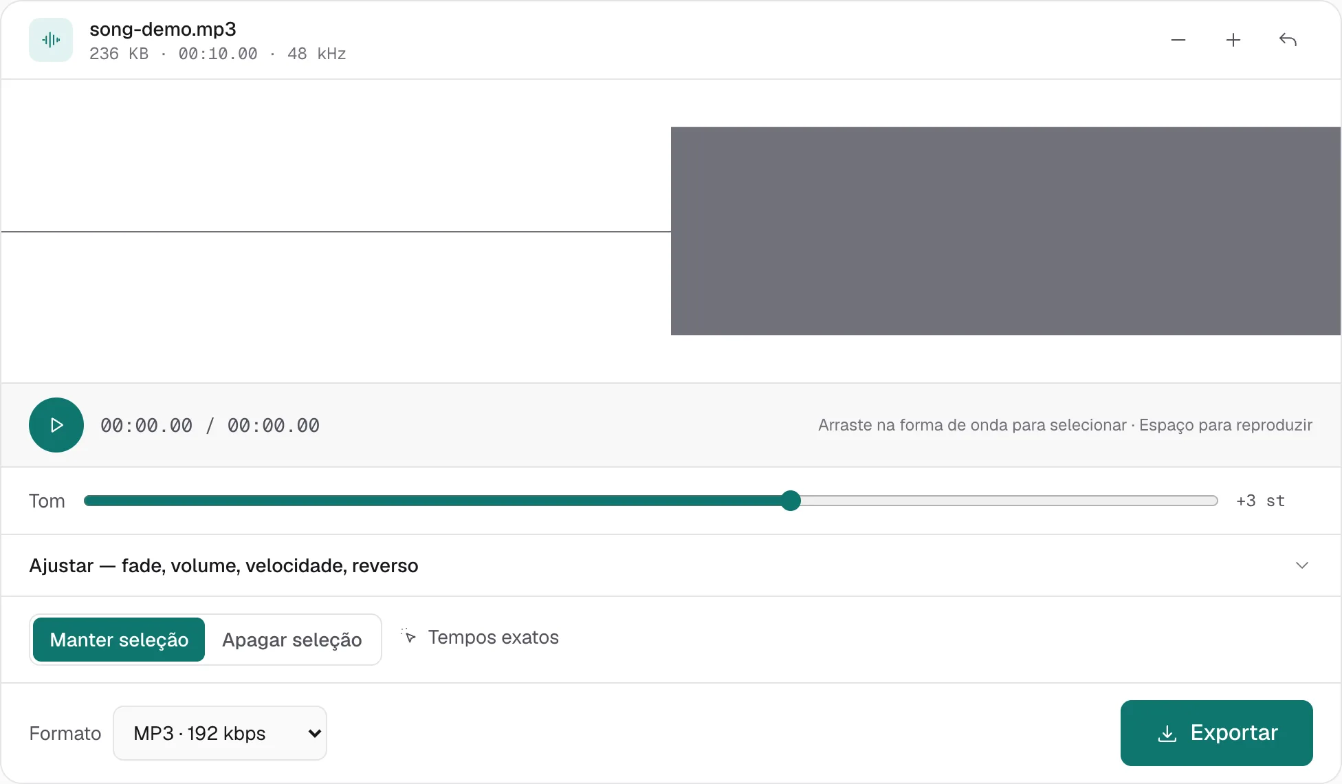 song-demo.mp3 no alterador de tom. O controle Tom marca +3 st, três semitons acima, e a duração do arquivo não muda.