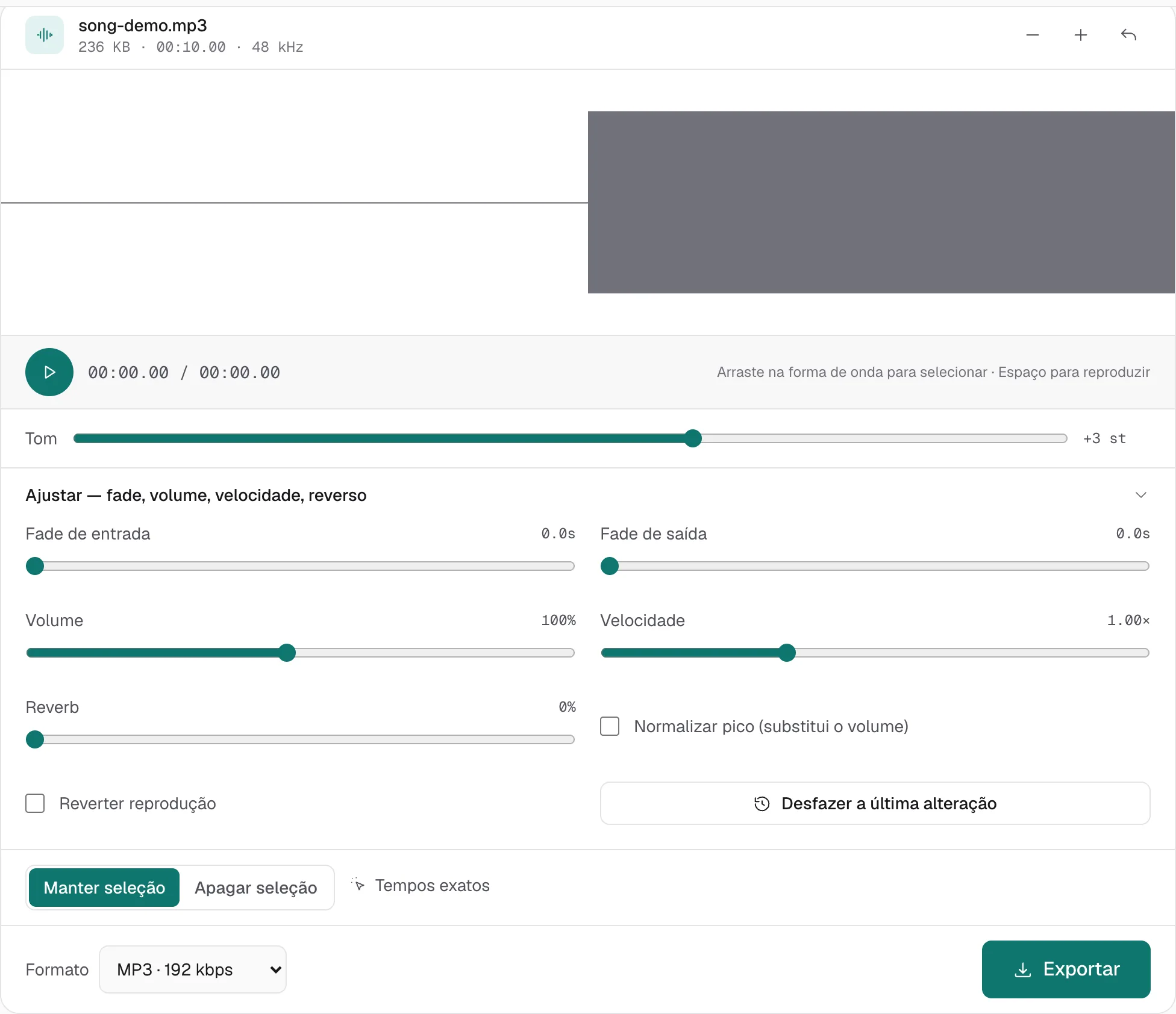 Ajustar está aberto na mesma página. Tom continua em +3 st e Velocidade em 1.00×. Volume em 100%, os dois fades em 0.0 s, e normalizar pico desligado.