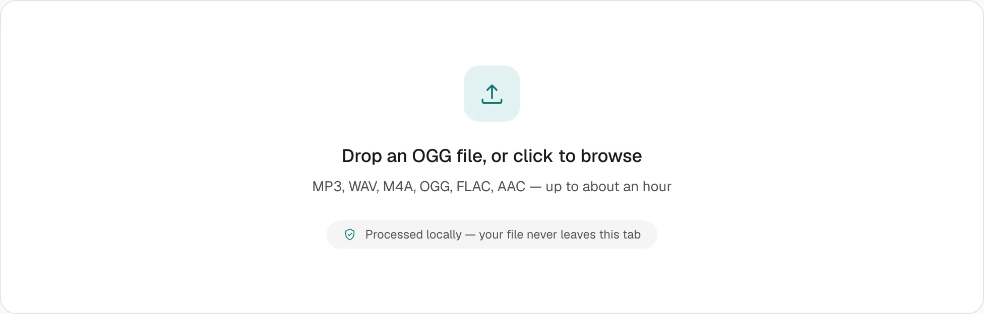 The OGG to MP3 page before a file is open. The drop zone says “Drop an OGG file, or click to browse,” and the file is processed locally.