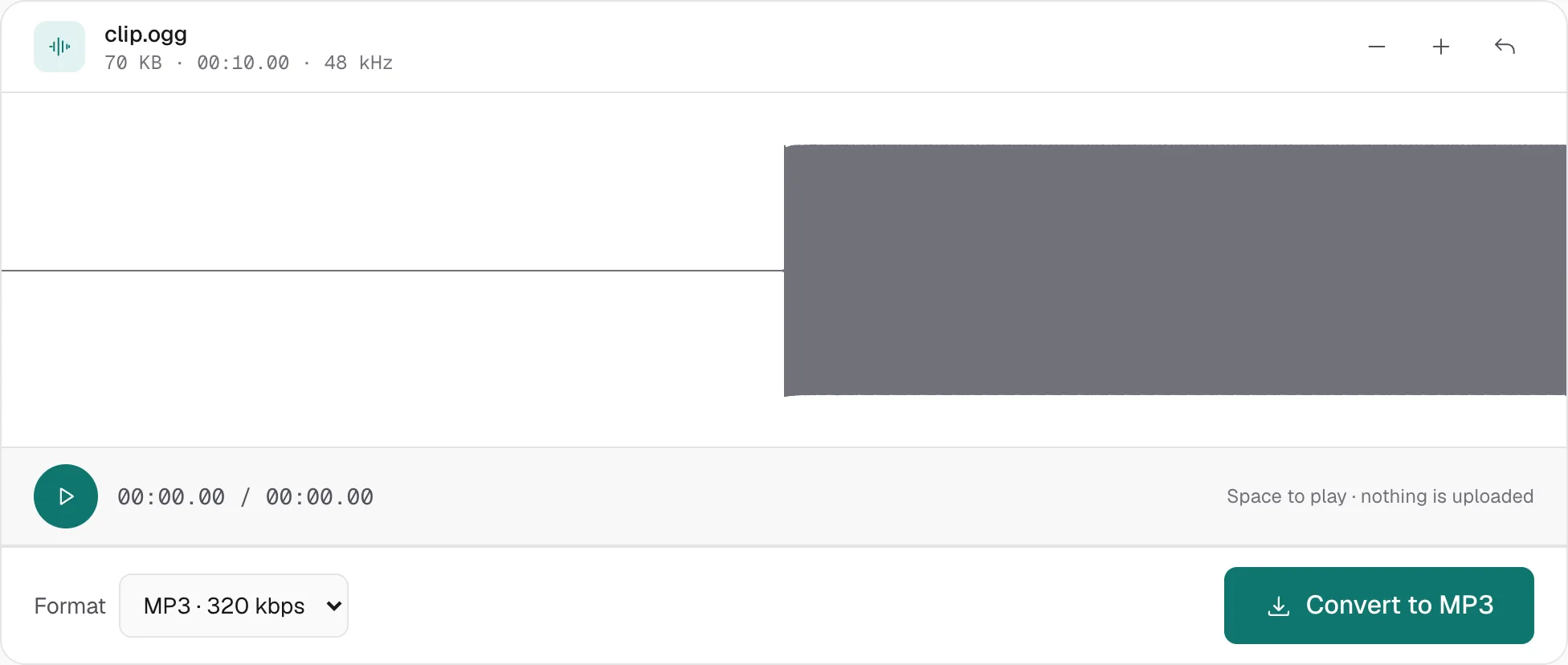 clip.ogg open in the converter. The format is MP3 · 320 kbps, and the button says Convert to MP3.