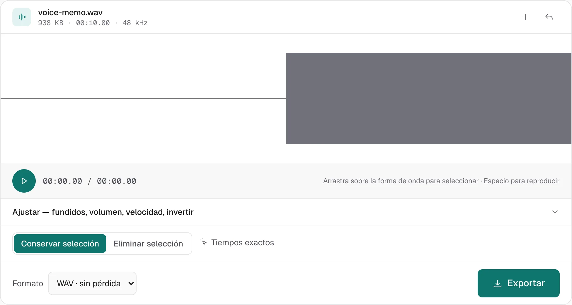 voice-memo.wav abierto en el editor. El menú de formato está en WAV · sin pérdida, así que la exportación se queda en PCM y no se vuelve un MP3.