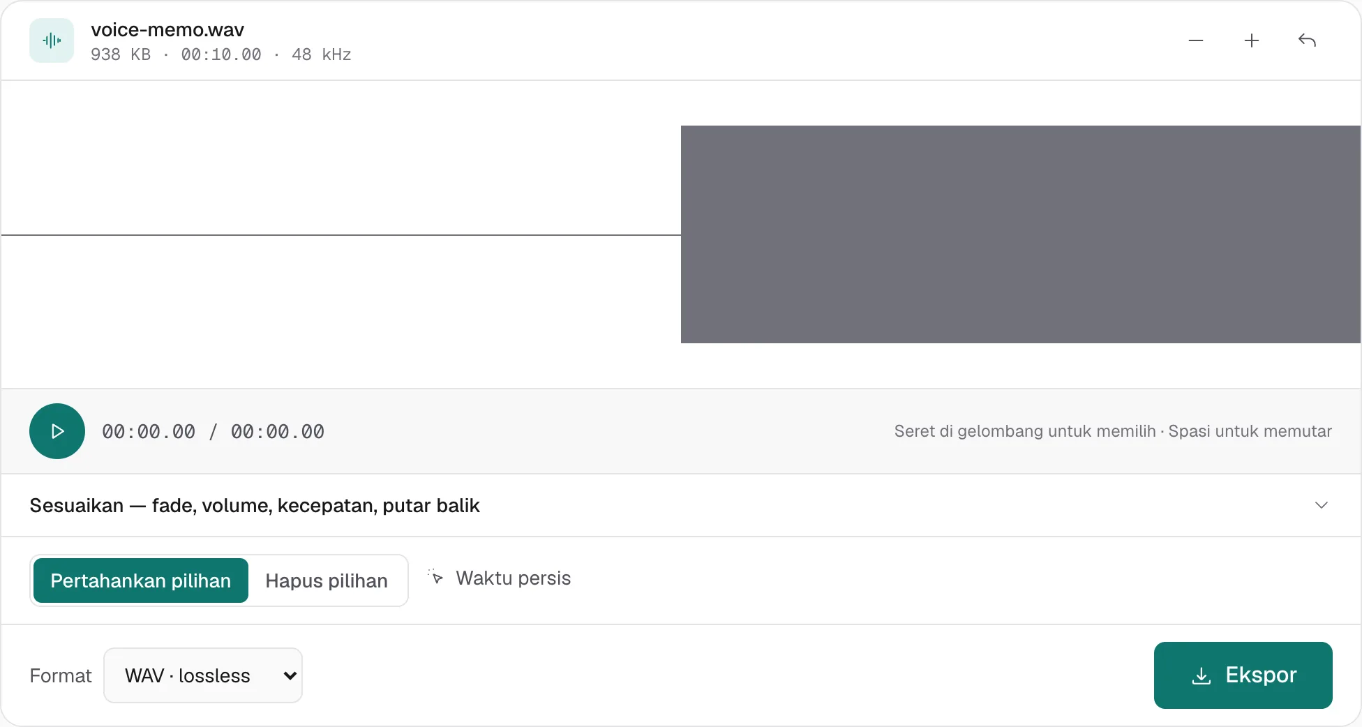 voice-memo.wav terbuka di editor. Menu format diatur ke WAV · lossless, jadi ekspor tetap PCM dan tidak menjadi MP3.