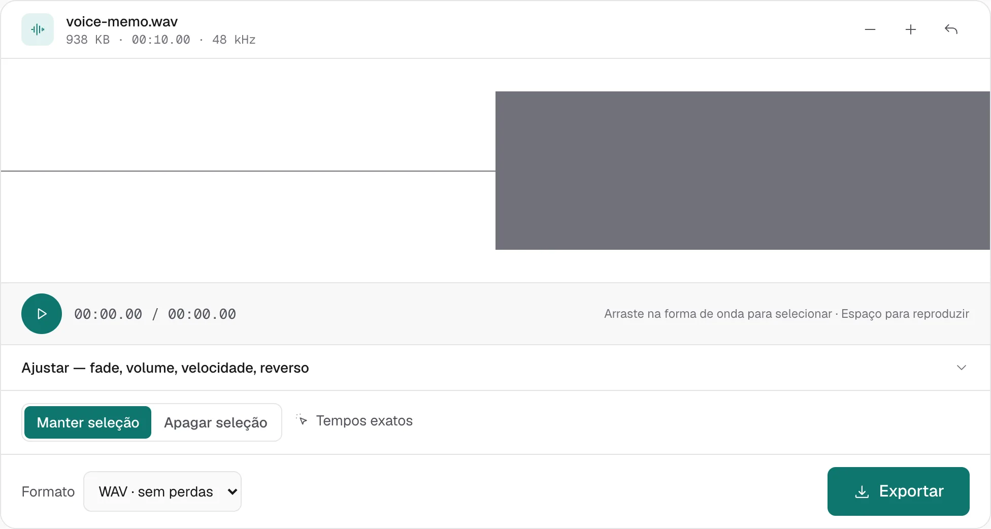 voice-memo.wav aberto no editor. O menu de formato está em WAV · sem perdas, então a exportação continua PCM e não vira MP3.