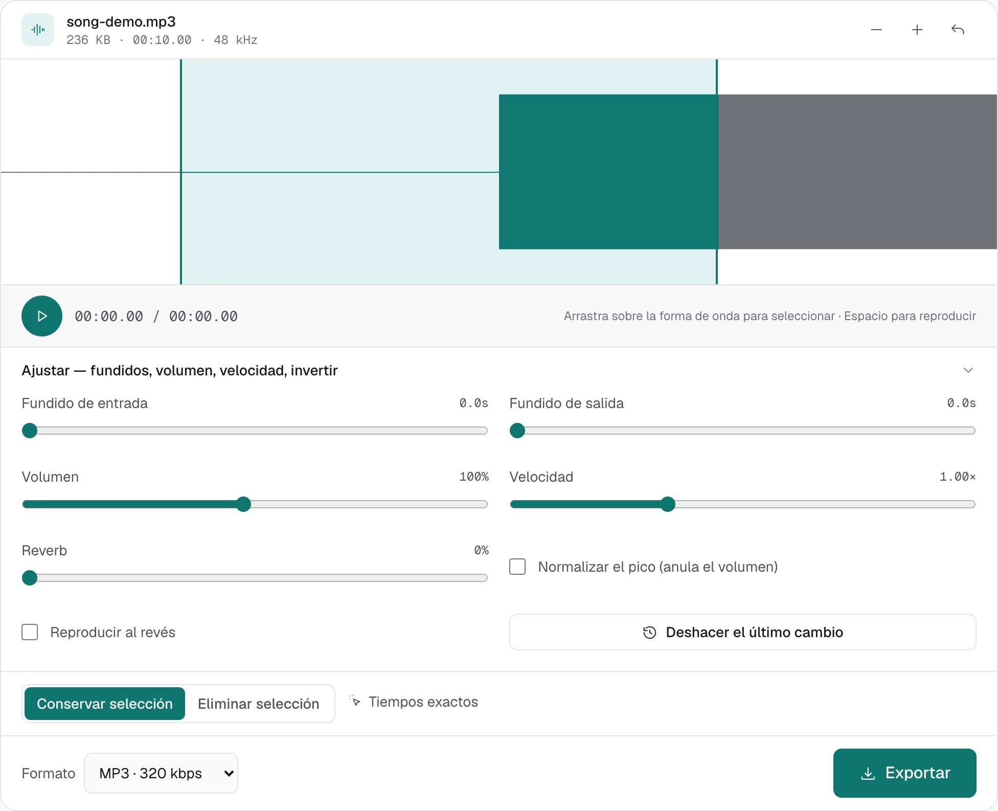 Ajustar abierto: fundido de entrada y de salida en 0.0 s, volumen al 100%, velocidad en 1.00×, normalizar el pico sin marcar, reproducir al revés sin marcar. El formato sigue en MP3 · 320 kbps.