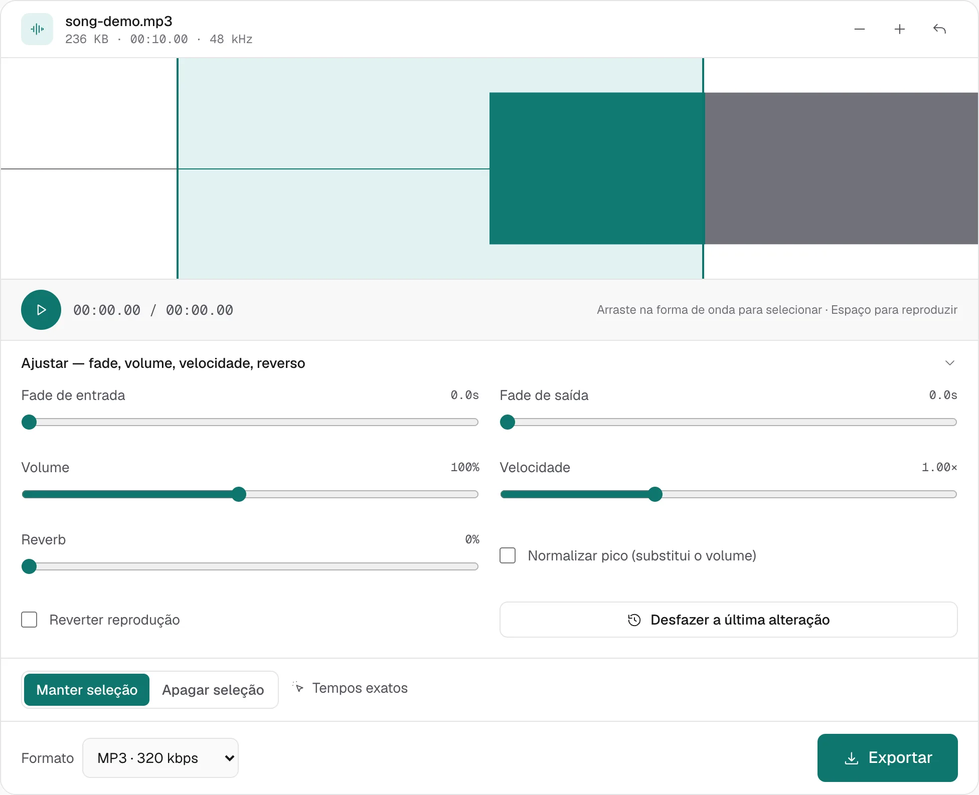 Ajustar aberto: fade de entrada e de saída em 0.0 s, volume em 100%, velocidade em 1.00×, normalizar pico desmarcado, reverter reprodução desmarcado. O formato continua MP3 · 320 kbps.