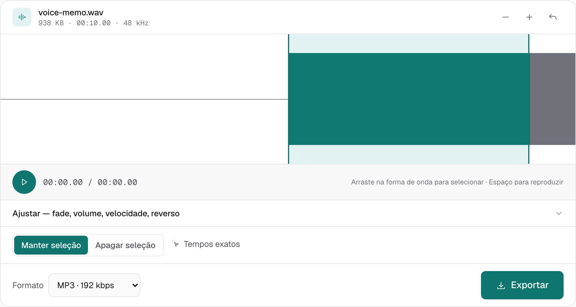 Manter seleção está ativo. A região marcada é a que será exportada, e o formato é MP3 · 192 kbps.