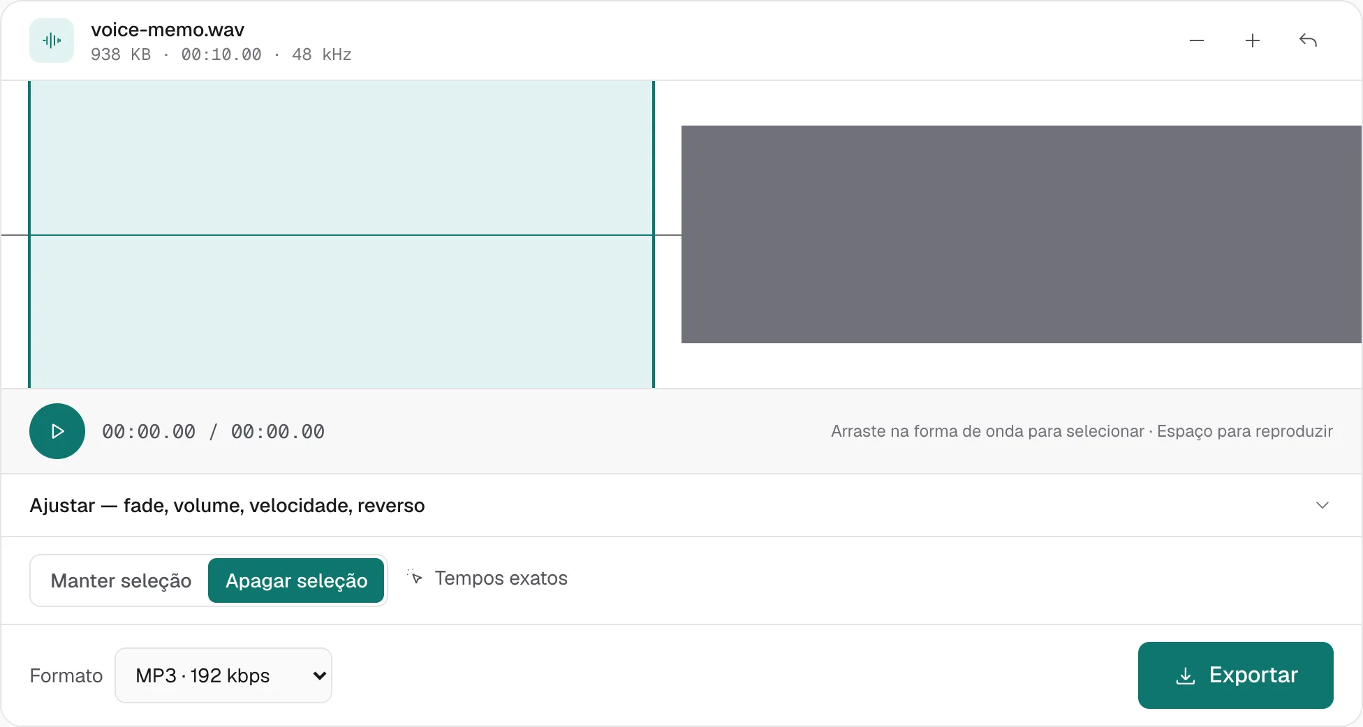 Apagar seleção está ativo, e o silêncio do começo é a região marcada. A exportação fica com tudo que está fora dessa marca.