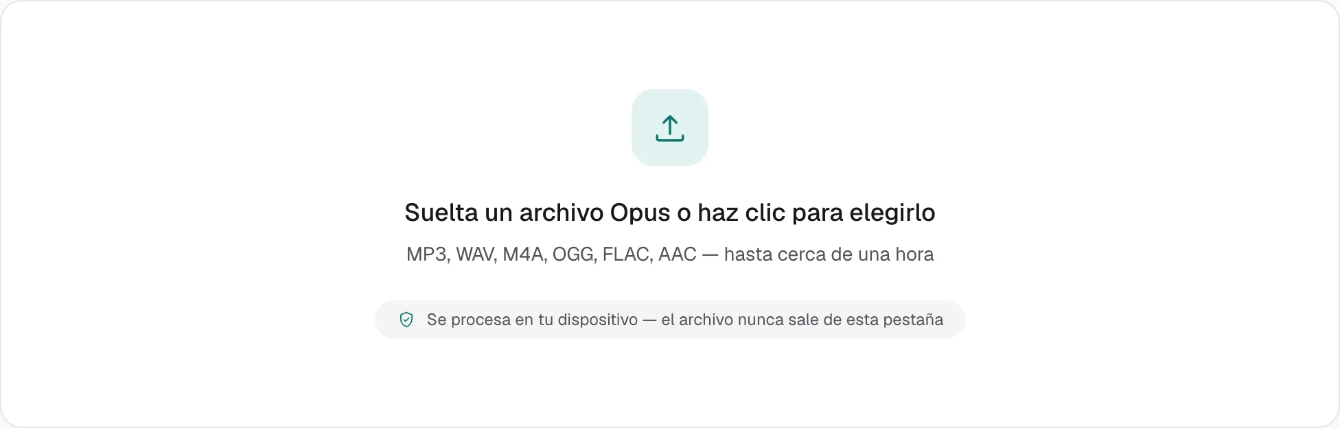 La página de Opus a MP3 antes de abrir un archivo. La zona dice «Suelta un archivo Opus o haz clic para elegirlo».